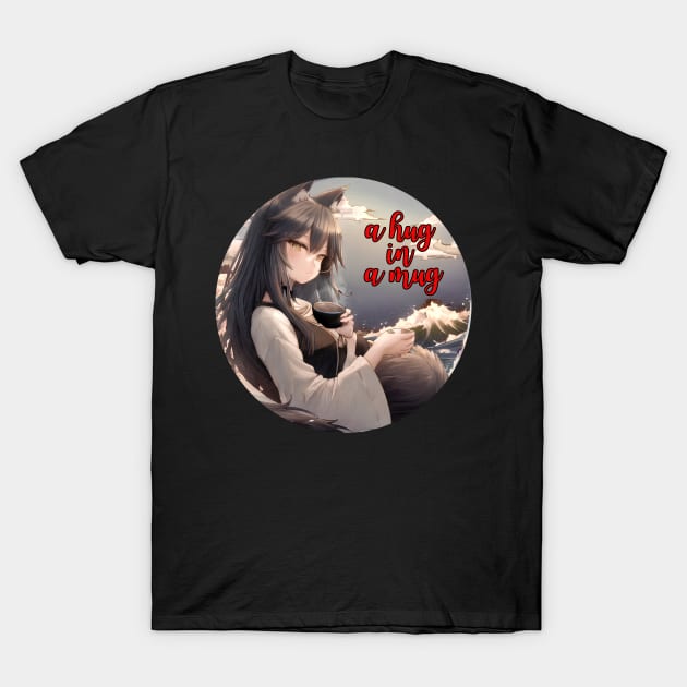 Cute Wolf Girl Drinking Tea with Great Waves on Background T-Shirt by Starlight Tales